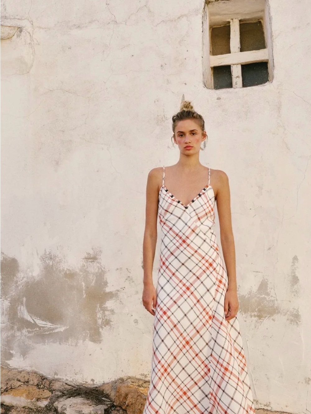Zara 100% Linen White Plaid Slip Dress with Rust and Black Lines